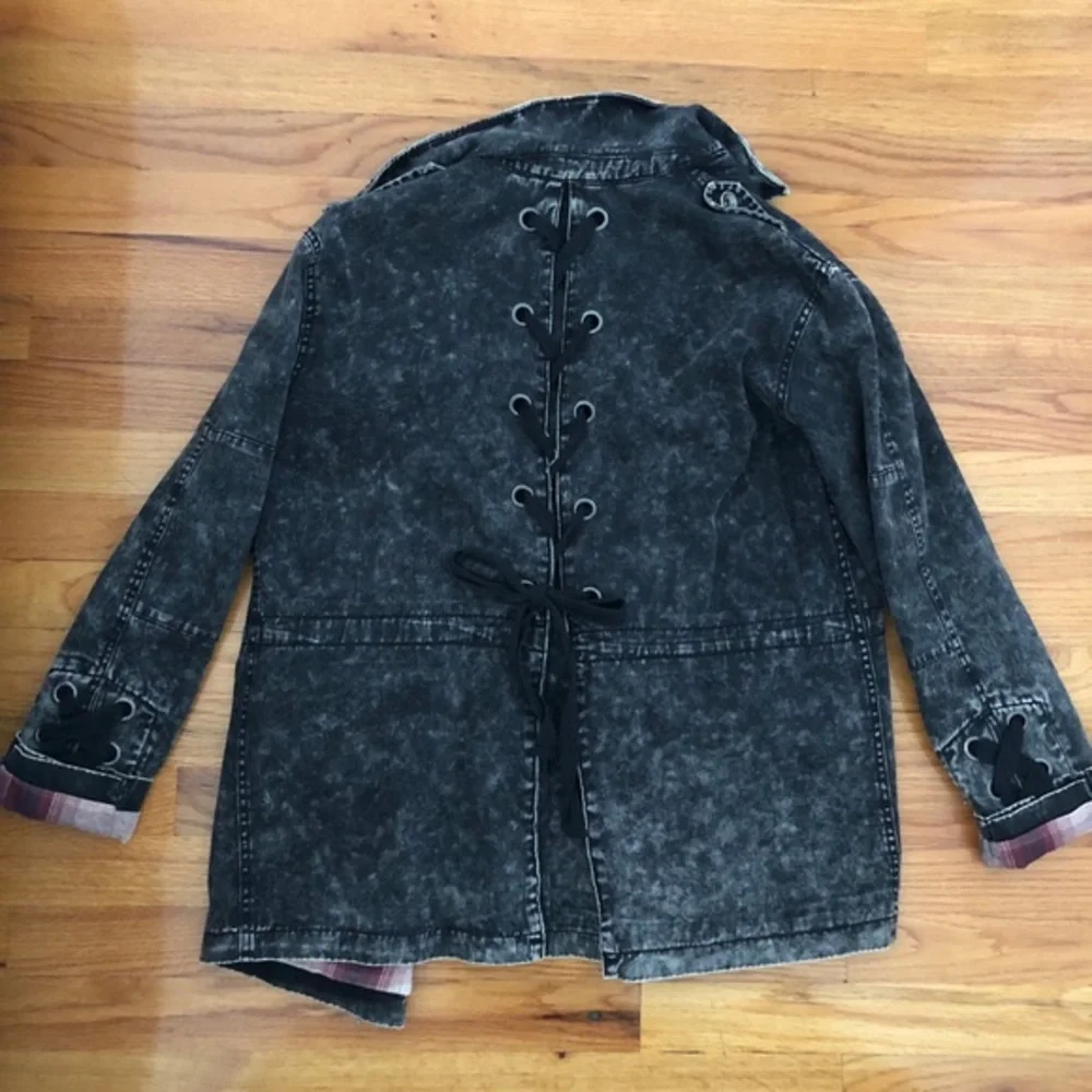 Vintage Havana Acid Wash Denim Jacket Small Black Flannel Lined Lace Up